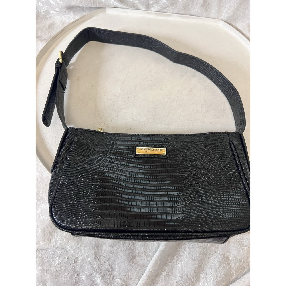 London Fog Astor faux lizard shoulder bag in black. 11"x2.5"x7"